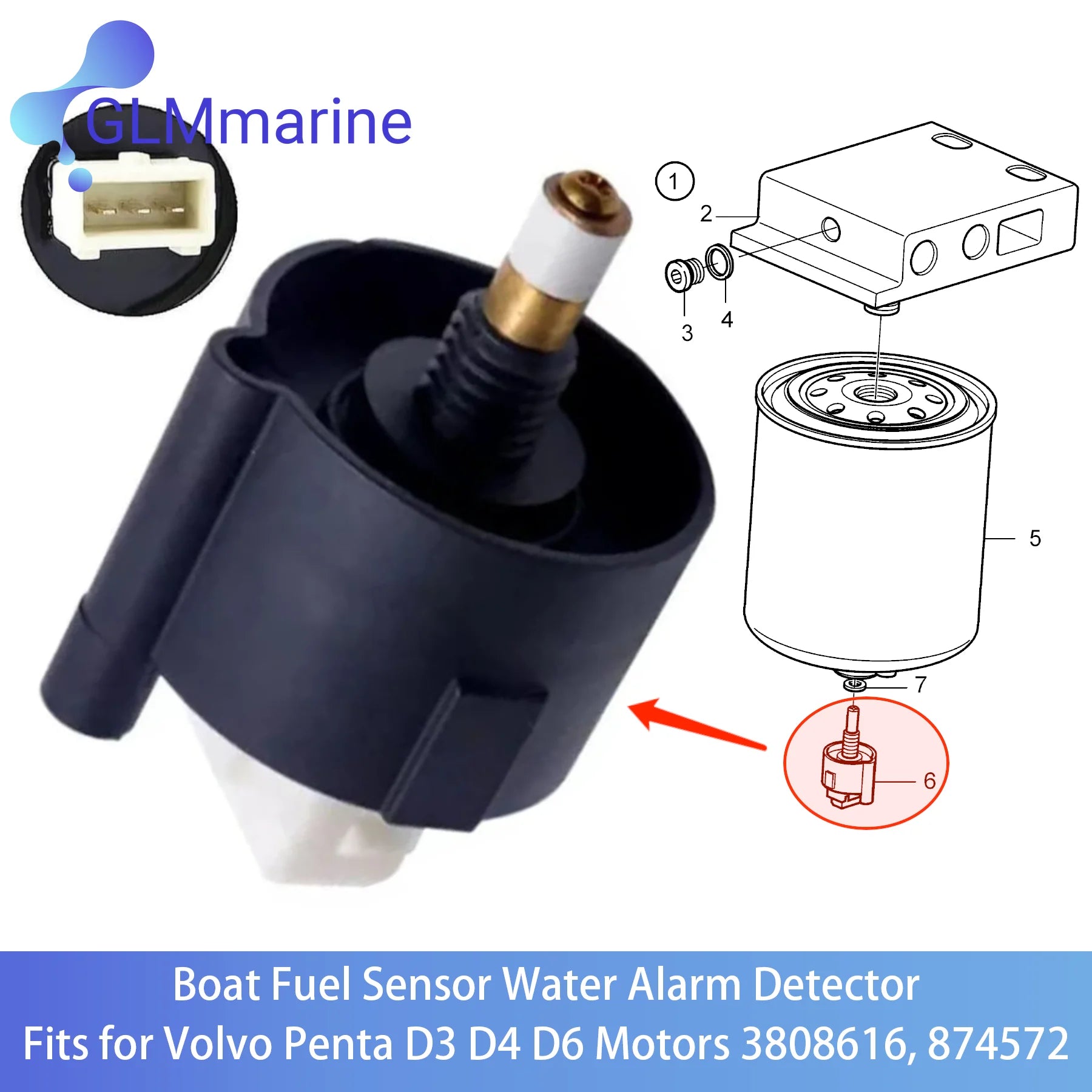3808616 New Fuel Sensor Water Alarm Detector for Volvo Penta D3 D4 D6 Series Motors Boat Engine Parts 874572
