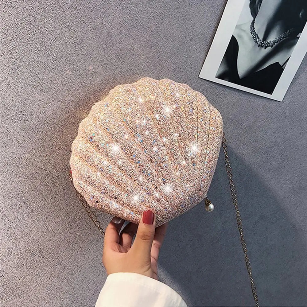 Women Shoulder Handbags Shell Bag Chain Cute Sequins Small Shoulder Bag Phone Money Pouch Zipper Crossbody Bags