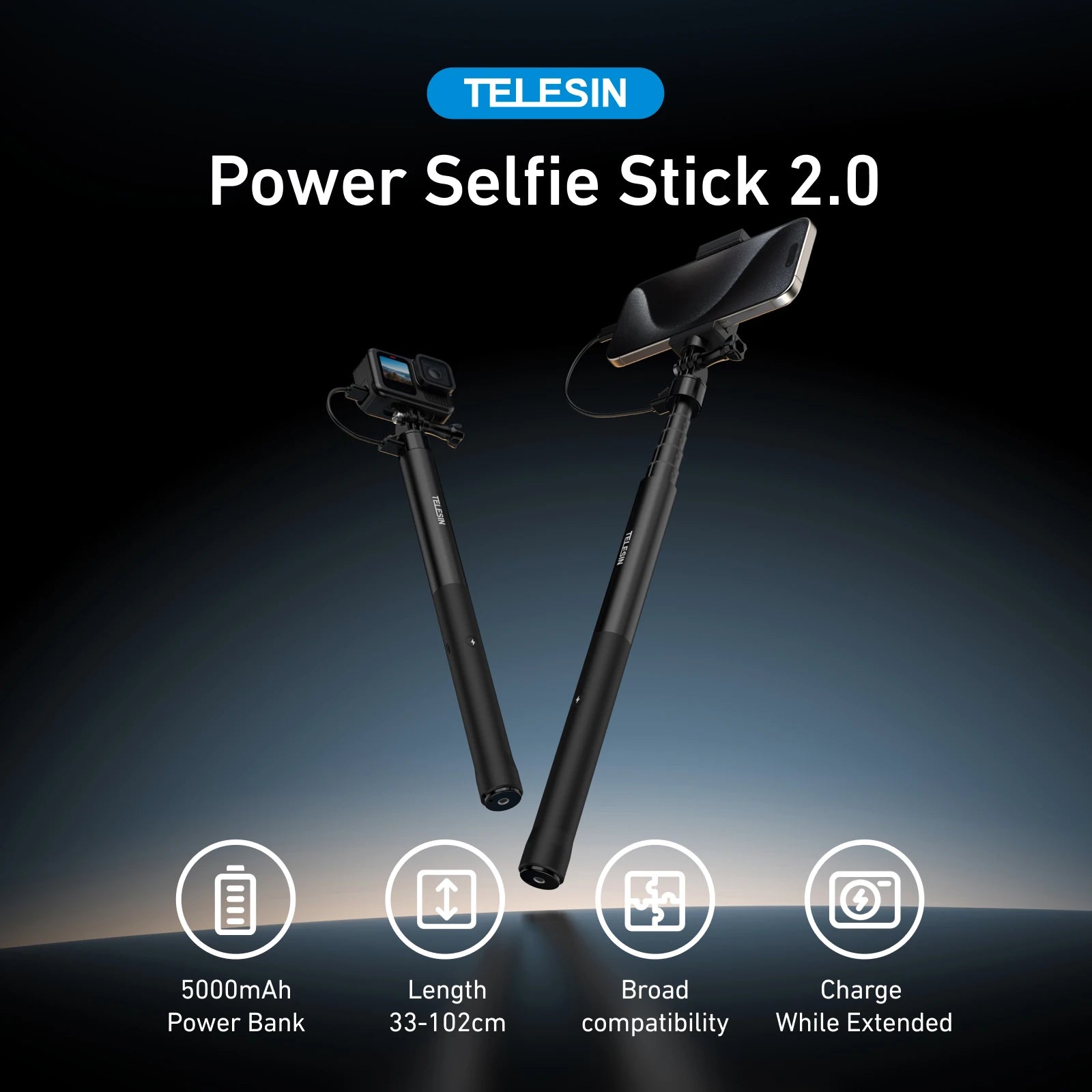 2025 TELESIN Selfie Stick 5000mAH Fast Charging Power 102CM Telescoping Selfie Pole with 1/4 Inch Screw For Insta360 and Phone