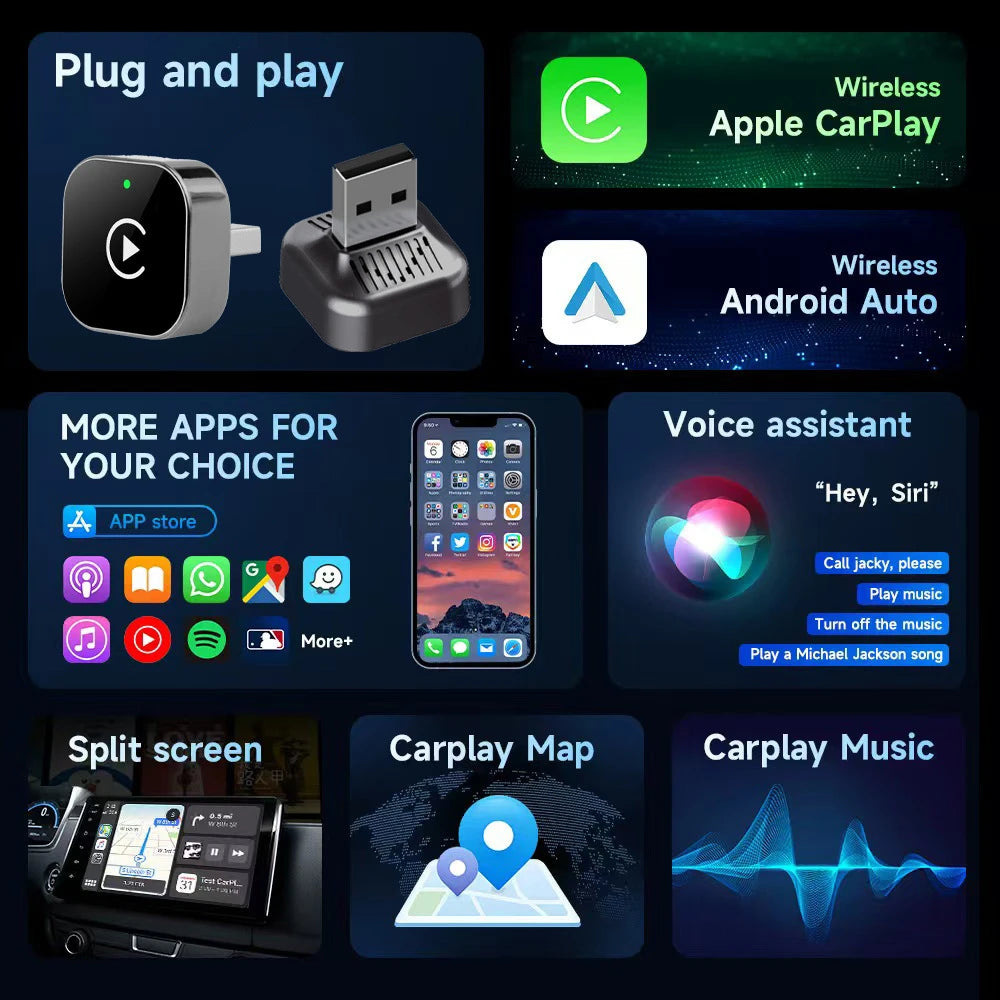 Upgraded  Wireless CarPlay Adapter for Apple IPhone Android Small Size Plug and Play Fast and Stable Connection Wireless