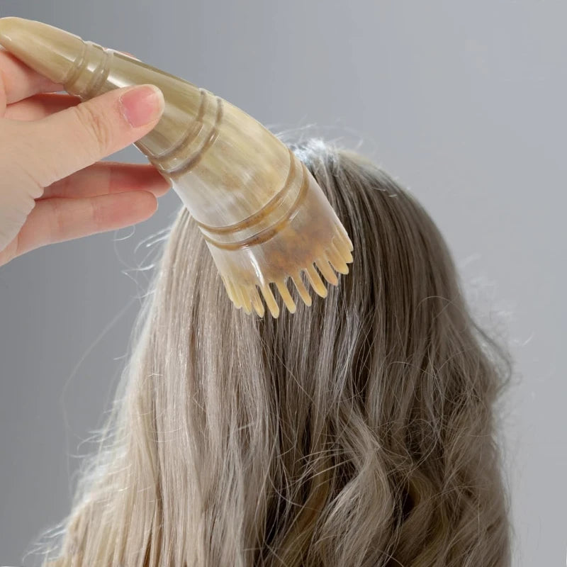 Scalp Massager Comb Buffalo Horn Dual Side Fine Tooth Detangler for Hair Growth Styling Acupressure Head Massage Women Men