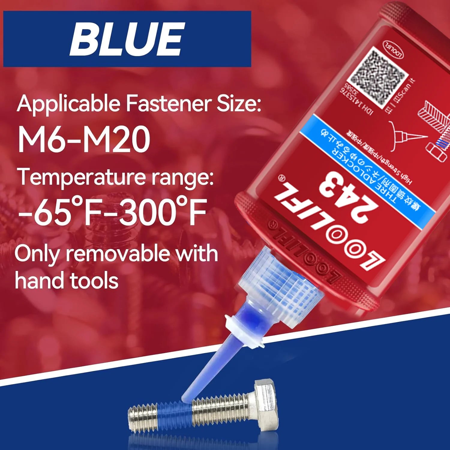 Medium strength blue screw glue, anti-vibration, high temperature and low temperature to prevent loosening and corrosion.