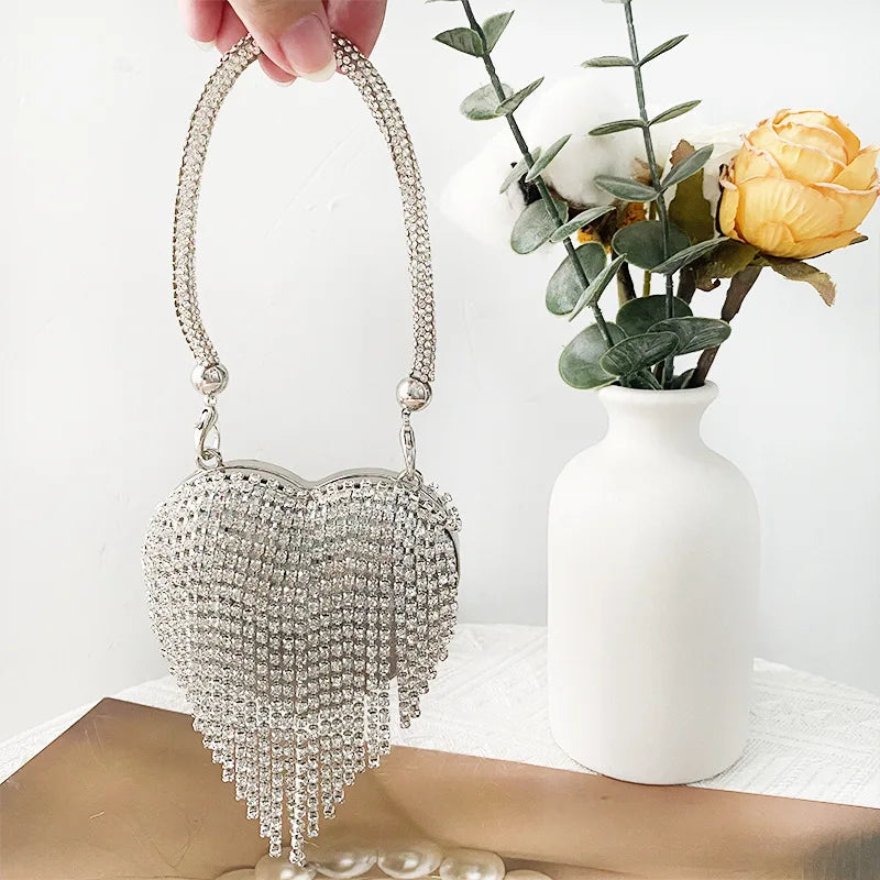 Heart Shaped Diamond Encrusted Glass Stone Evening Bag Women's Chain Handbag Stylish Crossbody Bag Elegant  Shape