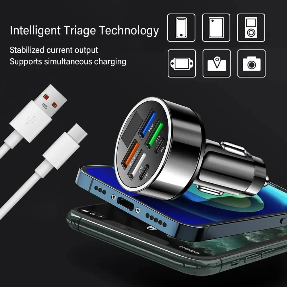 6-in-1 Super Fast Car Charger Adapter with LED Voltage Display, Car Plug Powered Phone Charger for Smart Devices like Tablet