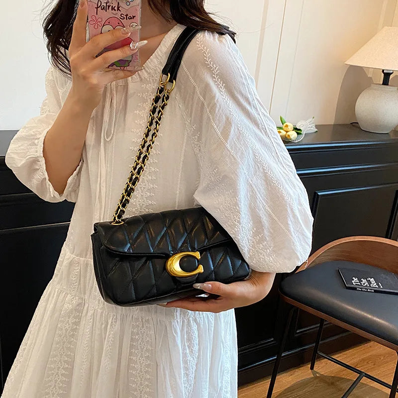 Women Quilted Leather Shoulder Bag Luxury C Logo Gold Chain Crossbody Bag Designer Small Flap Handbag Vintage Black Evening Clut