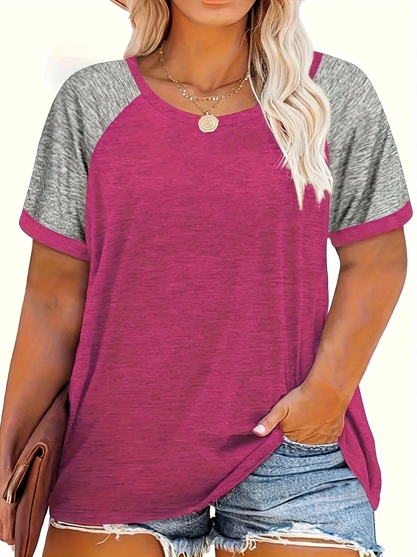 Popular women's clothing large size casual round neck color matching short-sleeved T-shirt top  Shirts Smooth Texture Shirt Soft