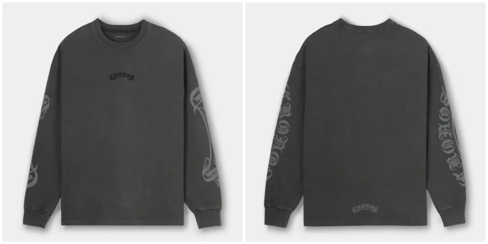 CRONOS Men's Oversized Long Sleeve T-Shirt Gothic Script Print Streetwear Tee Casual Hip Hop Fashion Gym Fitness Workout Tops