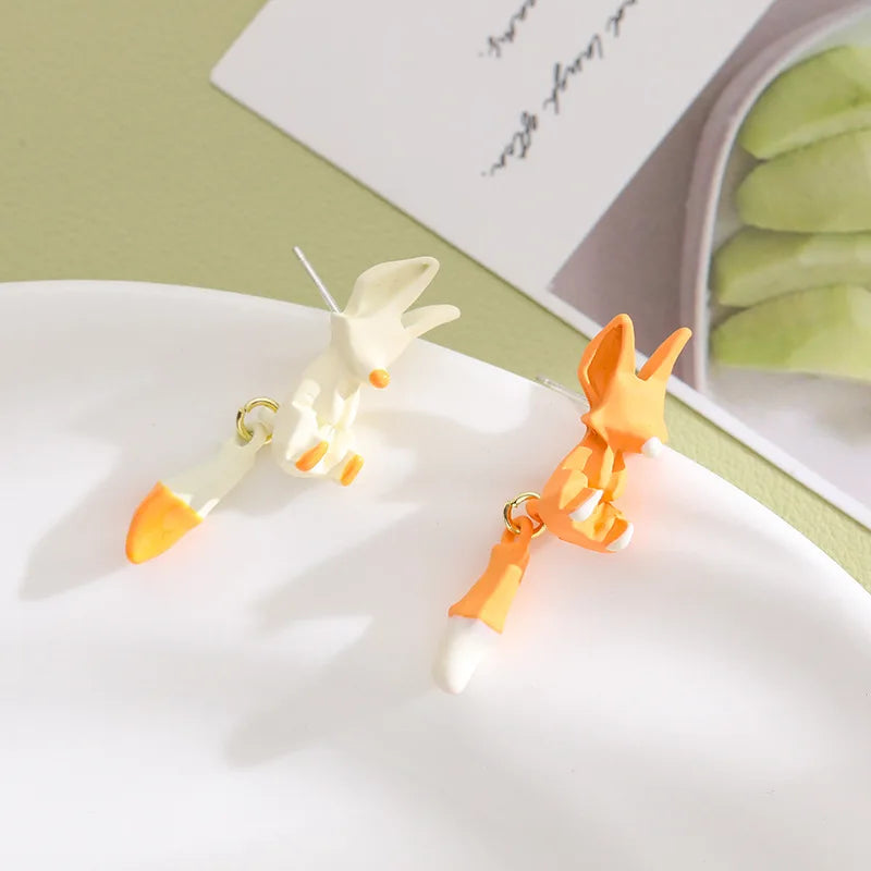 1pair Creative Fashion Cute Cartoon Fox Shape Asymmetric Earrings Trend Personality Earrings Female Ornaments