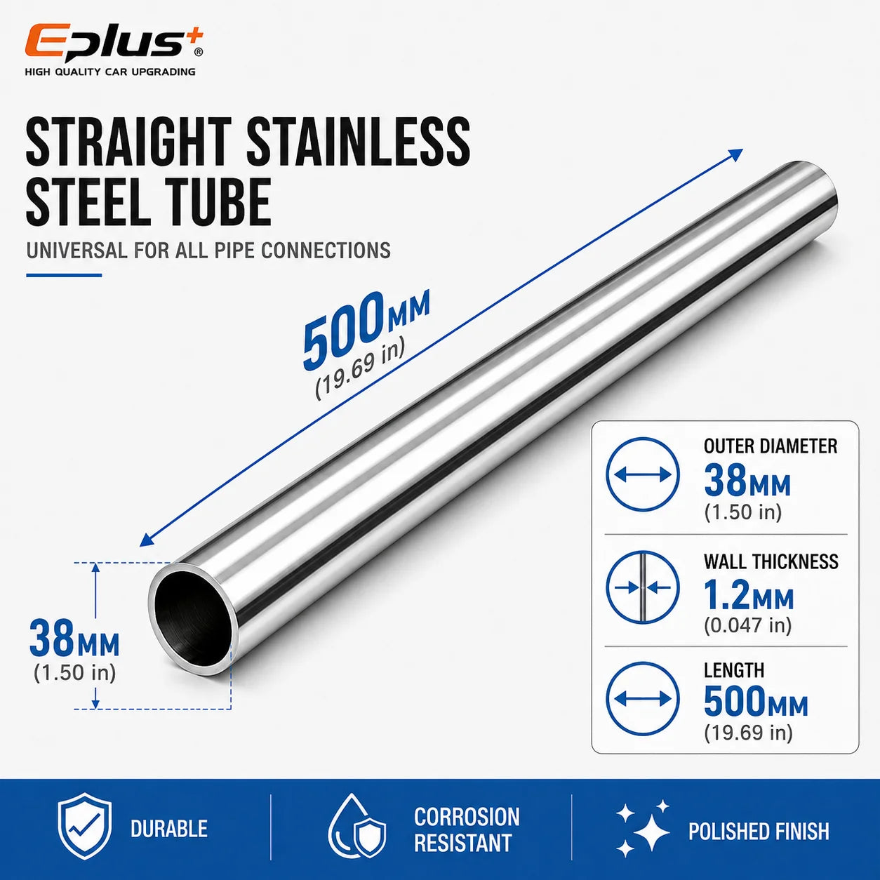 500mm Length 304 Stainless Steel Straight Pipe 1.2mm Thick Universal Round Tube OD 19-89mm for Connections metal tube Adapter