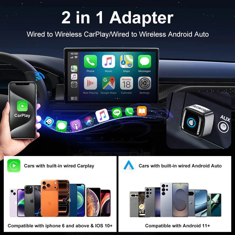 Wooboobox Wireless CarPlay Adapter 2026, 2 Phones One-Tap Switch Alloy Body, 2in1 CarPlay Dongle for  iPhone Android Auto BOX