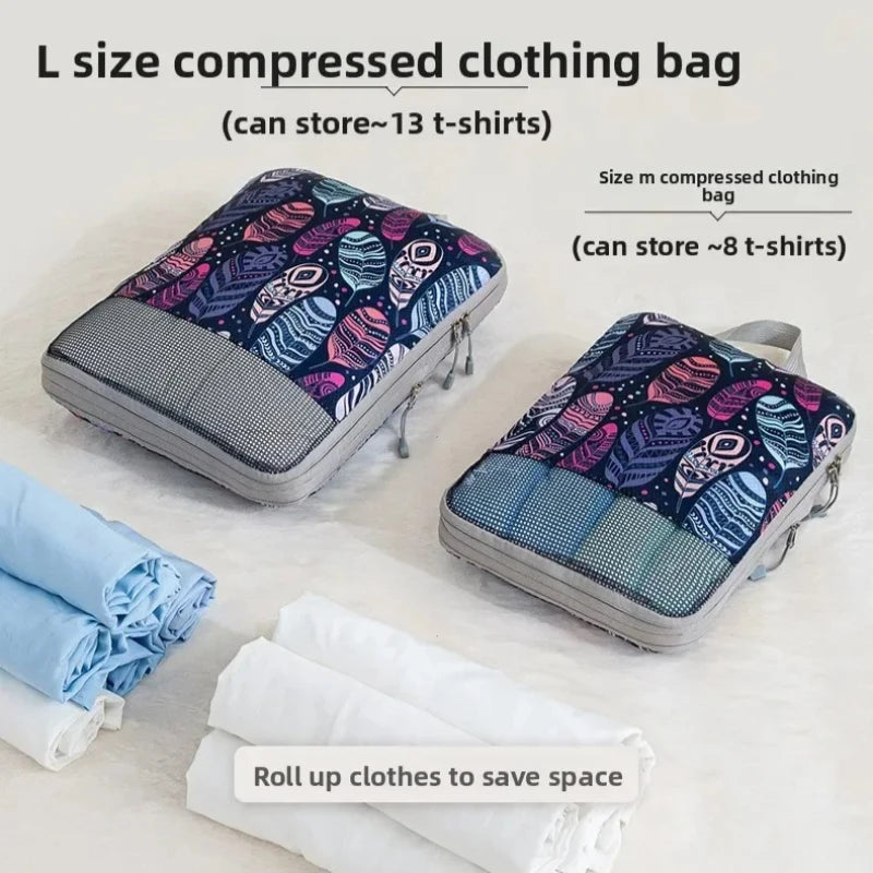4Pcs/Set Printed Compression Storage Bag Large Capacity Expandable Luggage Storage Bags Set Dampproof Foldable Suitcases Bag