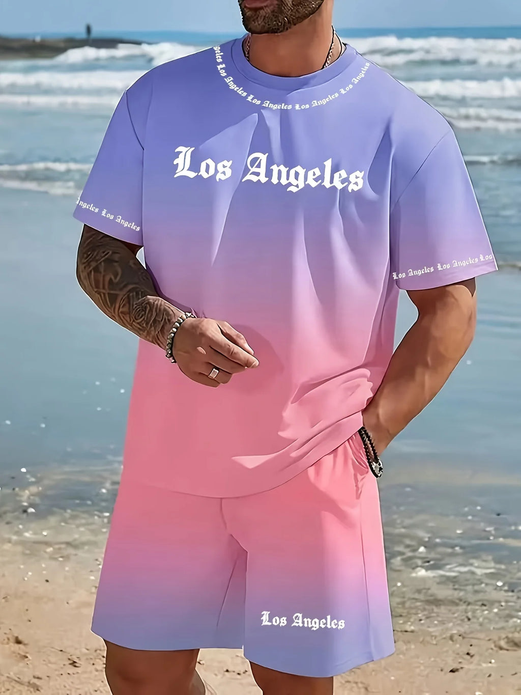 Men's Two-Piece Gradient Sports Outfit, Crew Neck Short-Sleeve T-Shirt + Shorts, Casual Outdoor Streetwear for Summer