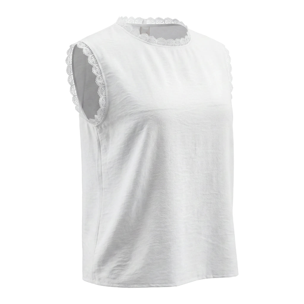 Rosa Fera Plus Size Sleeveless White Blouse Women Loose Fit Elegant Lace Trim Top Shirt