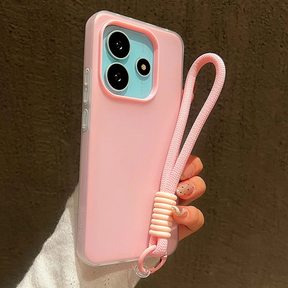 Luxury With Lanyard Matte Candy Phone Case For Xiaomi Redmi Note 15 14 Pro Plus 5G 13 12 12S 11 14C 13C Shockproof Bumper Cover