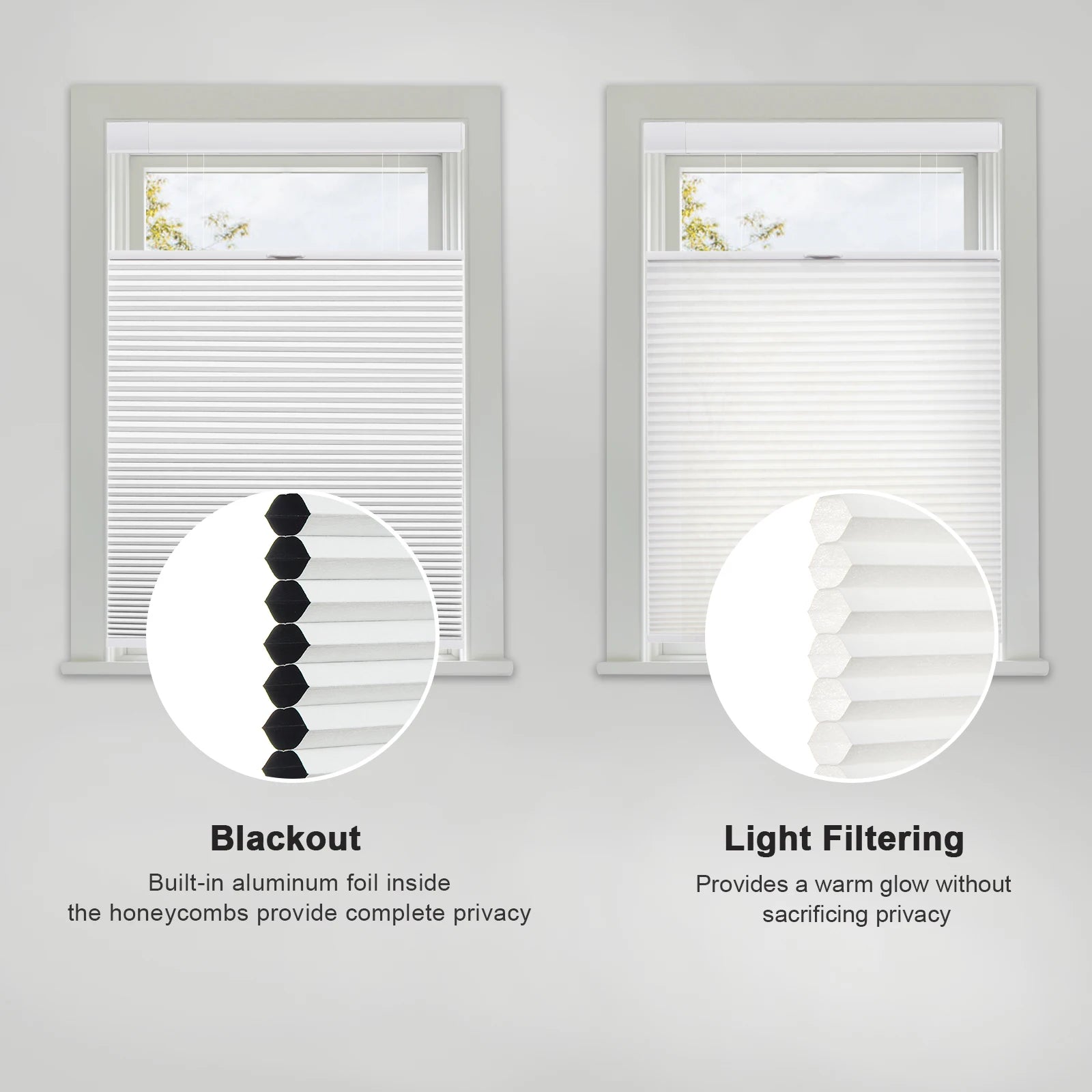 No Tools No Drill Top Down Bottom Up Honeycomb Blinds for Windows, 1" Cell Fabric Cordless Thermal Insulated Noise Reduction