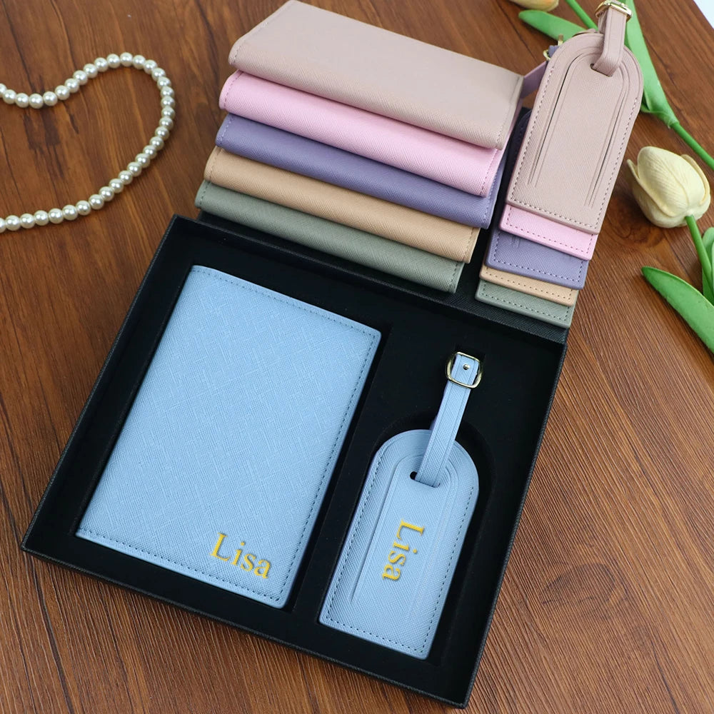 Customized name set, unisex Safiano PU leather passport holder and luggage tag gift box