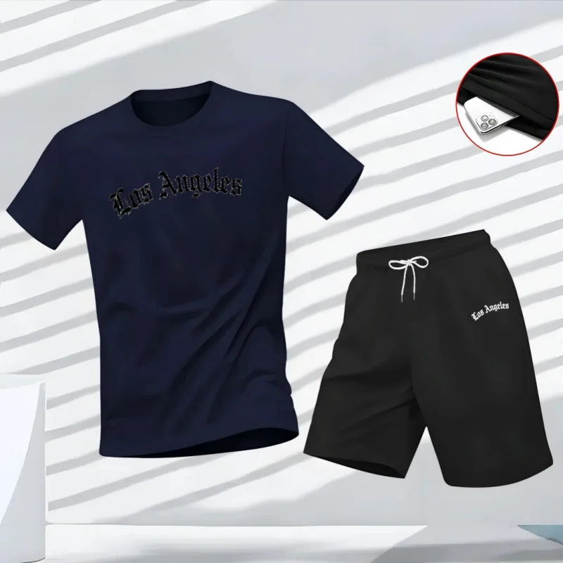 Men's Los Angeles Letter Print Tracksuit 2-Piece Set O-Neck Short Sleeve Shirt And Shorts plus Size Running Suit