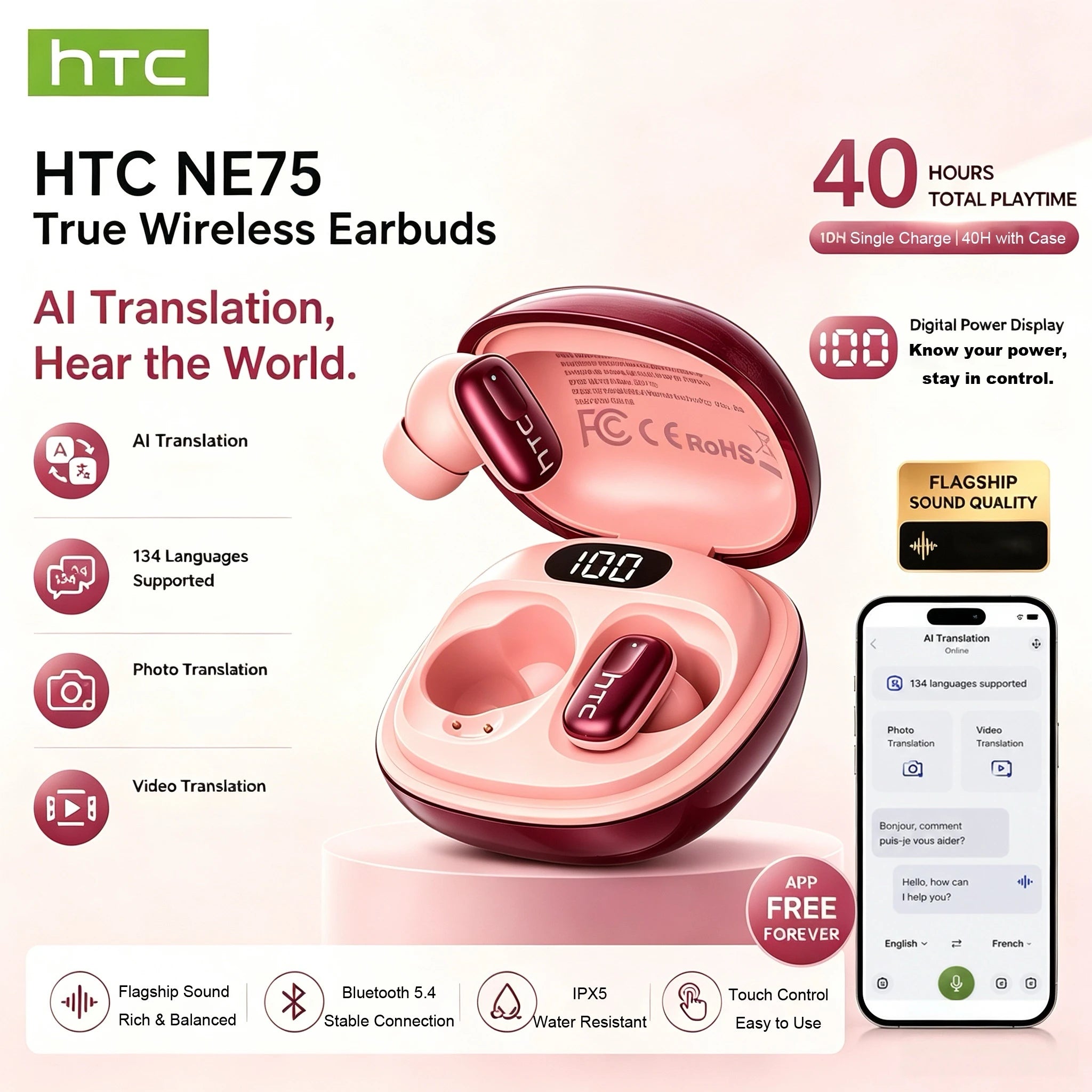 HTC NE75 Bluetooth Earphones Long Battery Soft Wireless Headphones AI translator Earbud 135 Language Low Latency Battery Display