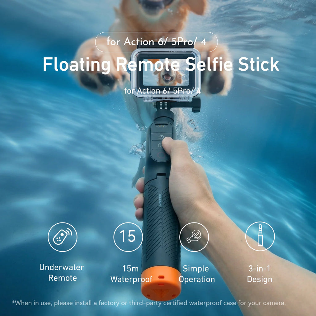 TELESIN Waterproof Bluetooth Floating Selfie Stick Tripod for DJI Osmo Action 6 5 Pro 4 15M Diving Stick 3-in-1 Hand Grip Tripod