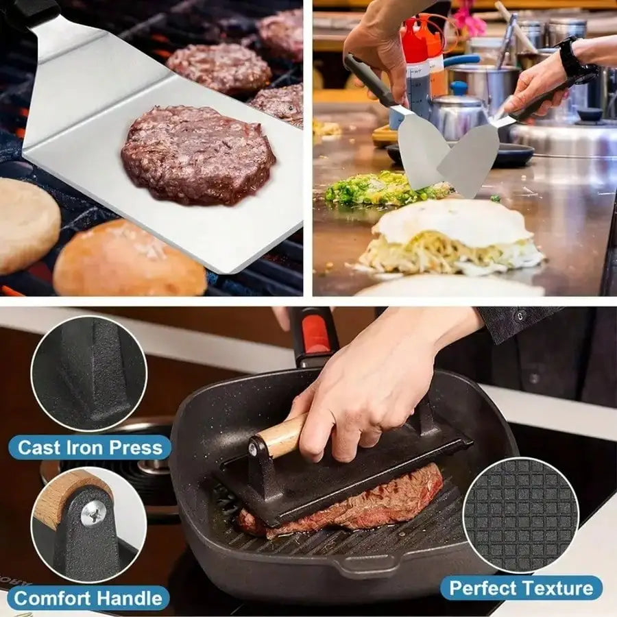 TAIMASI 304 Ultimate Barbecue Master Kit - Advanced Stainless Steel Grill Accessories With Spatula, Chopper, Scraper, Pliers, Egg Mold, Baking Tray Cover, Etc. - Perfect For Home Kitchens, Outdoor Barbecues, Christmas Parties