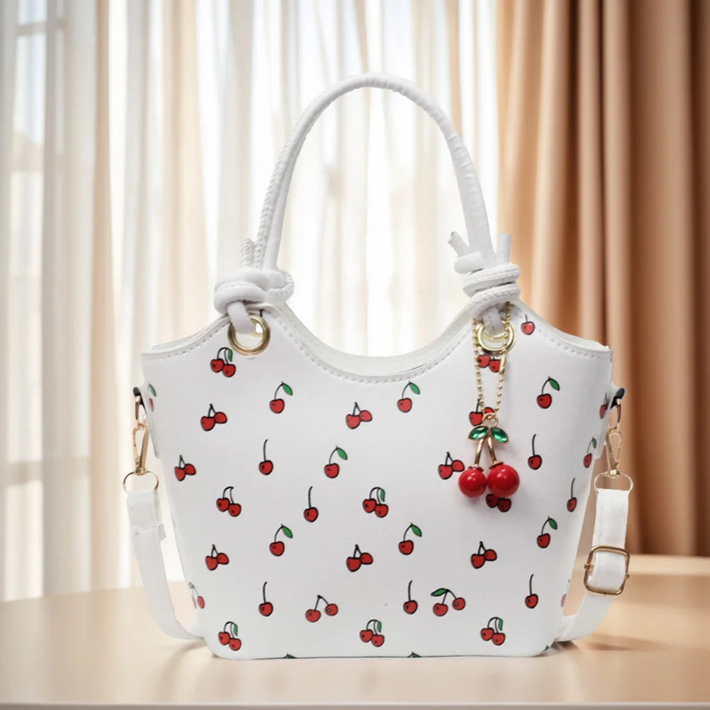 PU Leather Bucket Cherry Printed Crossbody Bag for Women Trendy Top-handle Bag Stylish Small Tote Handbag with Adjustable Strap