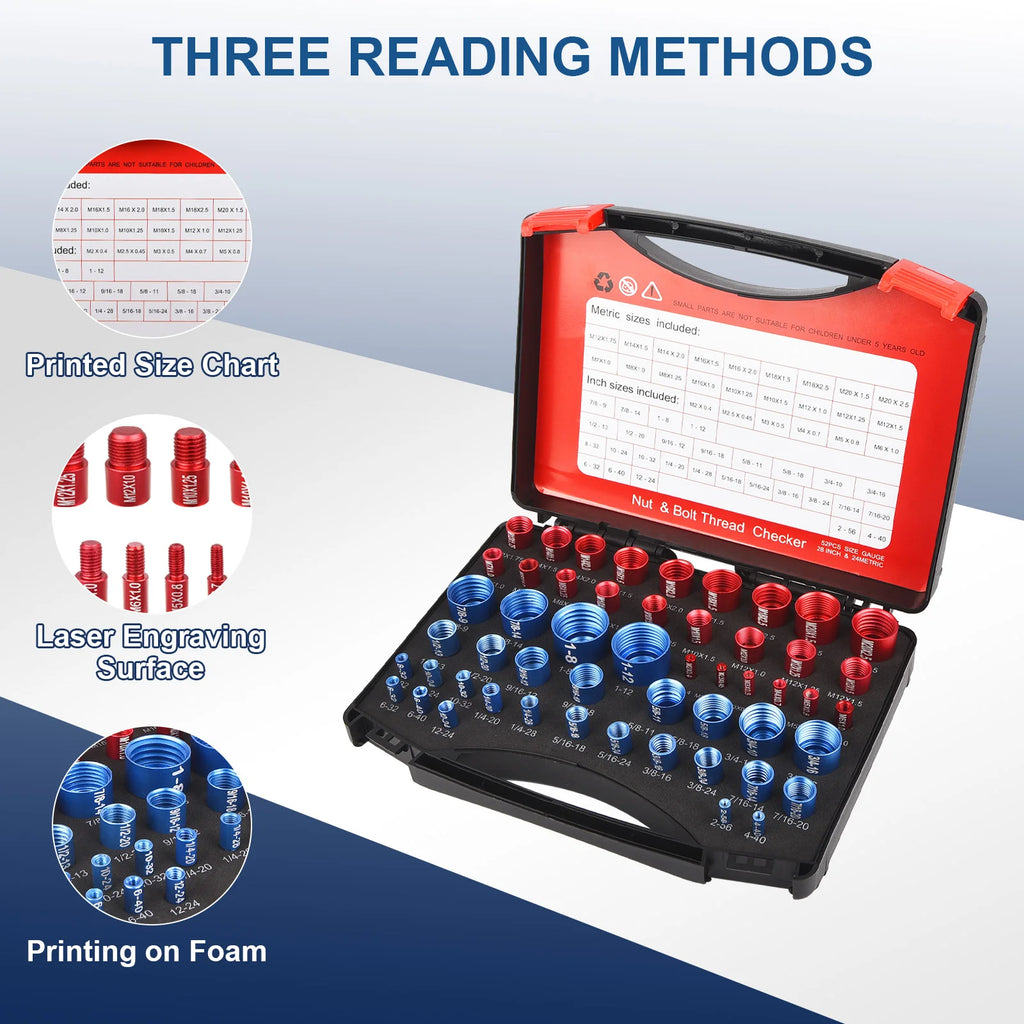 52PCS Metric Imperial Bolt Nut Gauge Tool Wear Resistant Precise Nut Bolt Thread Checker for Plumber Machinist and Handymen