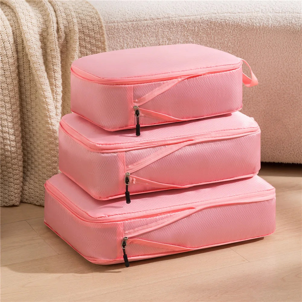 3Pcs/Set Travel Compressible Packing Multifunction Travel Storage Bag Waterproof Suitcase Nylon Portable Luggage Organizer Pink