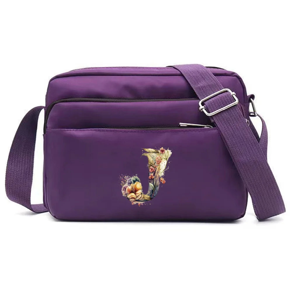 Leisure Purple One Shoulder Crossbody Bag Portable Commuting Large Capacity Floral Letter Series Printing Pattern Storage Bag