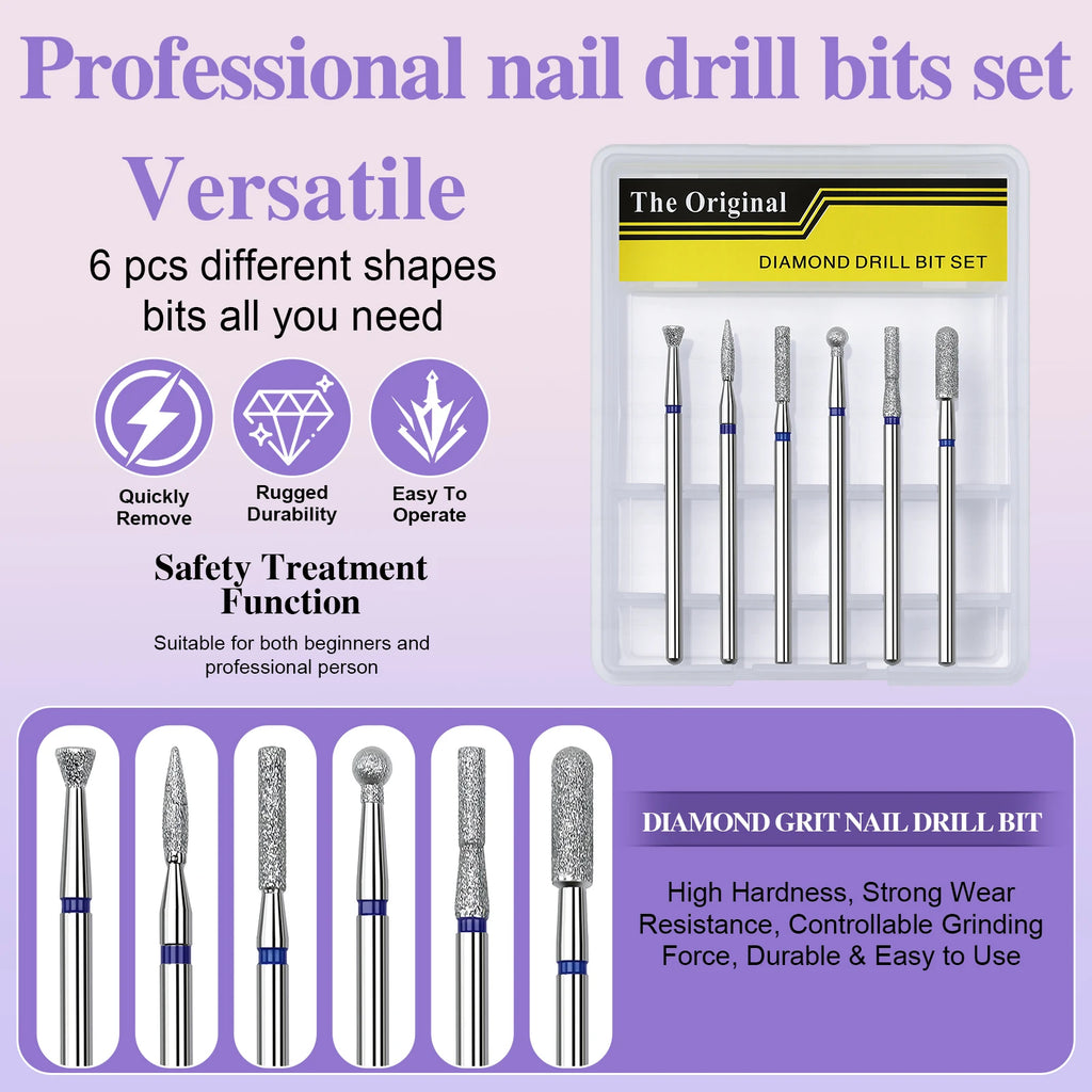 6pcs/set Nail Dill Bits Diamond Milling Cutter for Manicure 3/32" Burr Electric Cuticle Clean Nail File Cuticle Remover Tool