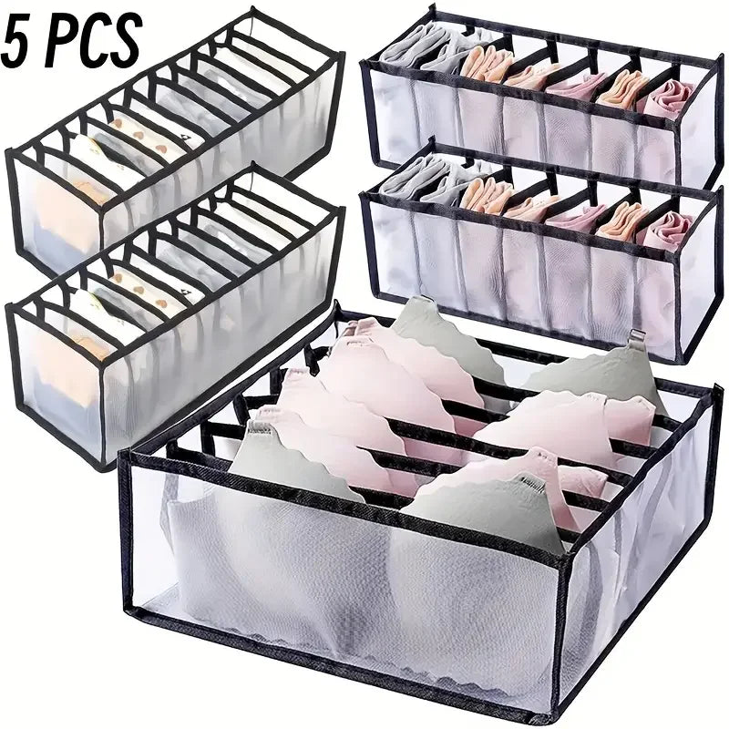 5-Pack Home Storage Boxes Foldable Plaid Underwear Combination Bags - Nylon Drawer Dividers for Socks, Panties and Underwear