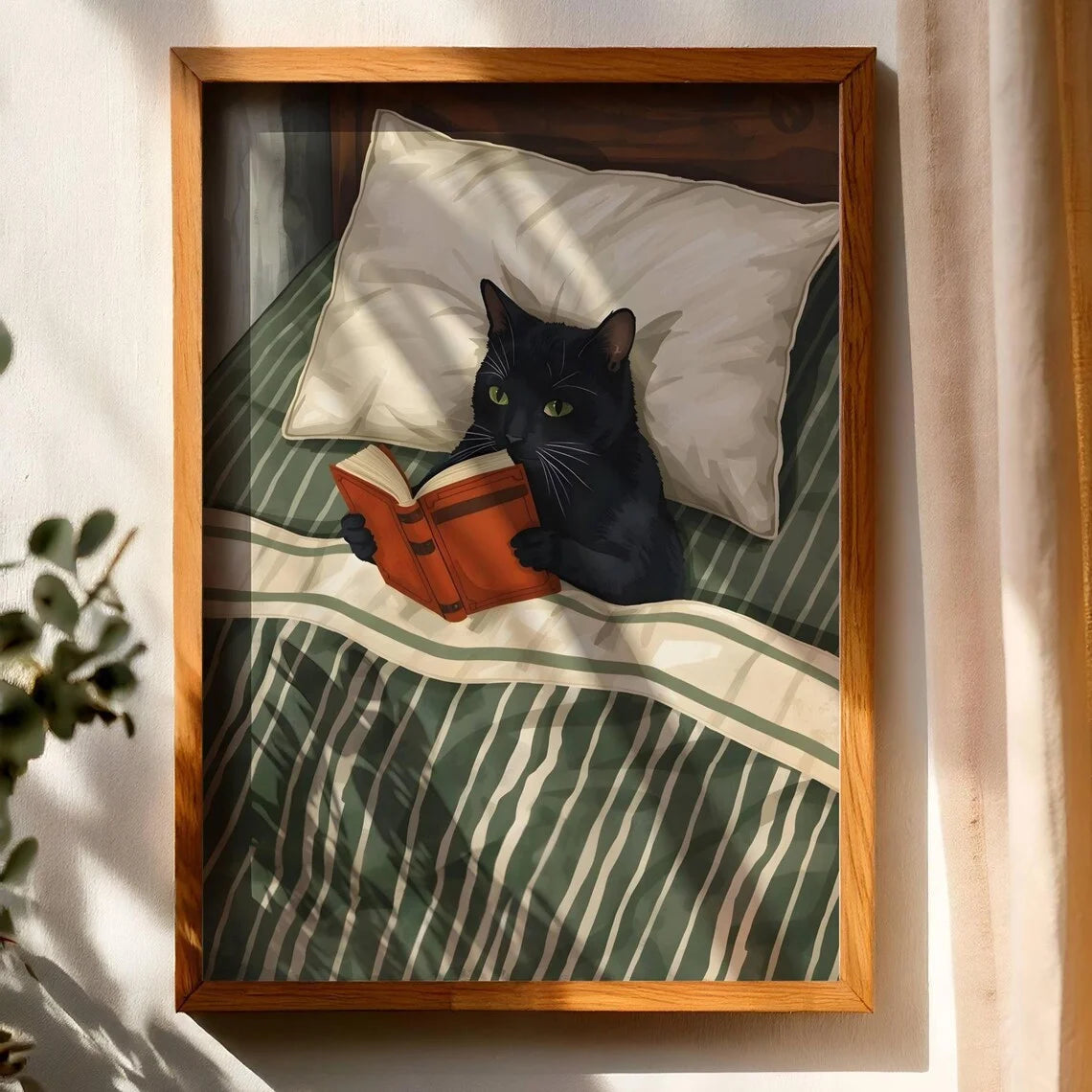 Cat Reading Print – Black Cat Wall Art, Cosy Bedroom Poster, Book Lover Cat Illustration, In Bed Print, Reading Decor, Cozy