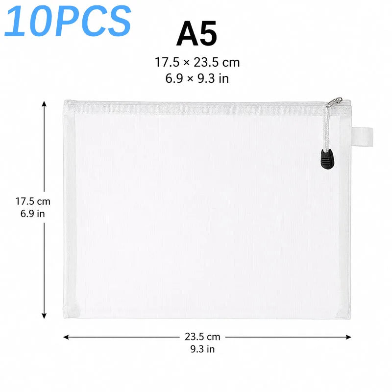 10PCS Storage Bag Miscellaneous Organizer A4 A5 A6 Mesh Zipper Pouch Waterproof Children Zipper Transparent Finishing Storage