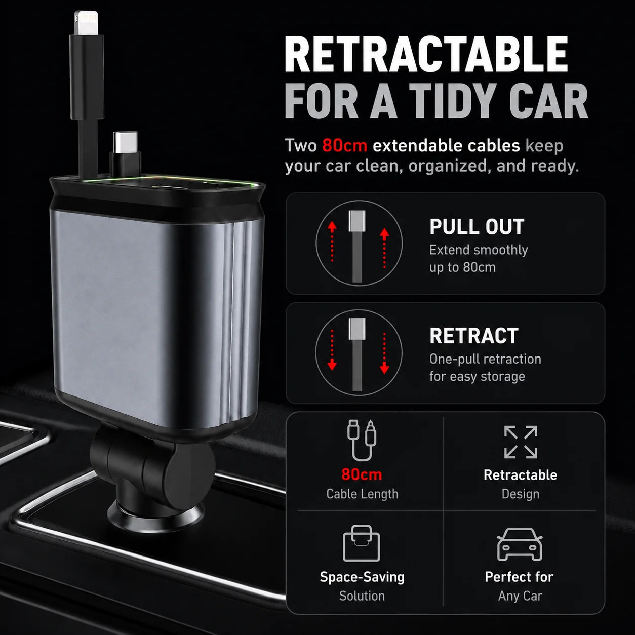 120W 4 in 1 Retractable Car Charger USB C Lightning Cable Starry Sky Ambient Light Fast Charging Adapter with USB-A USB-C Ports