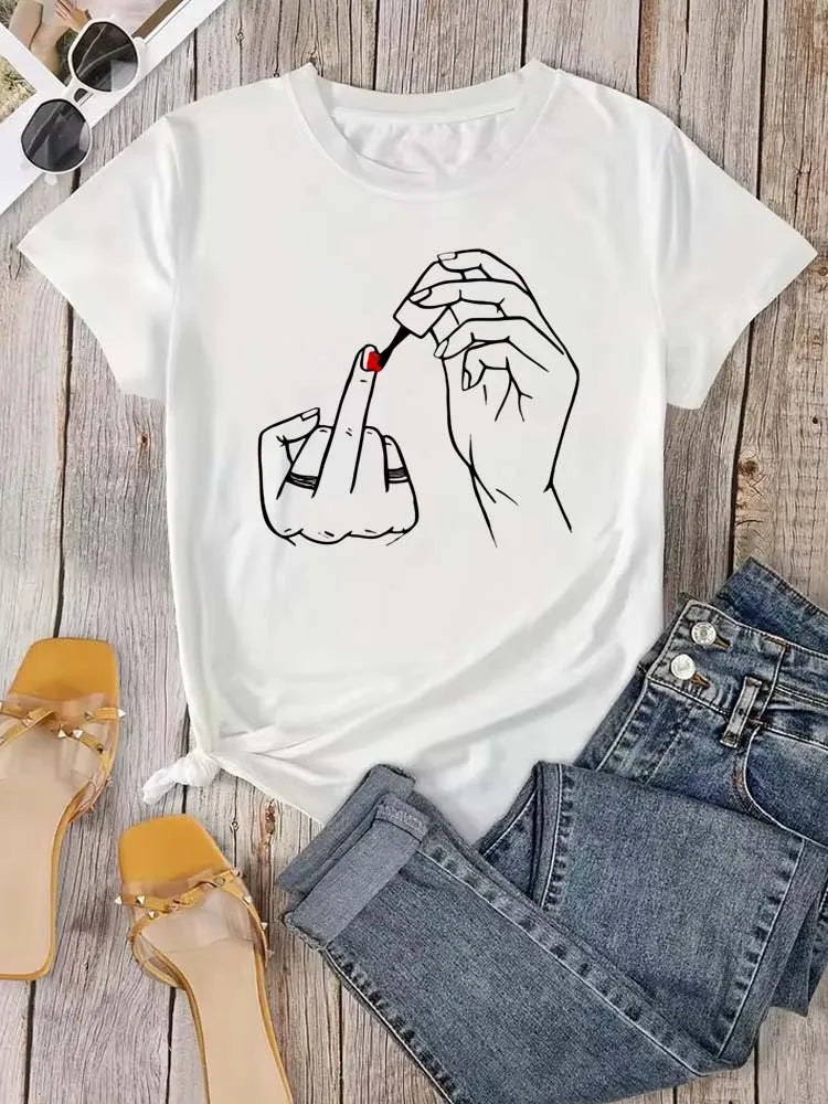 Summer Comfortable Soft Short Sleeve O-Neck Tops Casual Female Clothes Women Middle Finger Nail Polish Prints T Shirt