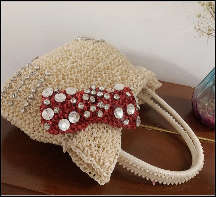 Cathead pure handmade woven bag, Katie Cat PVC off white rhinestone handbag, women's one shoulder crossbody bag
