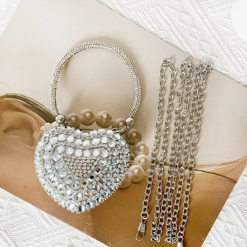 Heart Shaped Diamond Encrusted Glass Stone Evening Bag Women's Chain Handbag Stylish Crossbody Bag Elegant  Shape