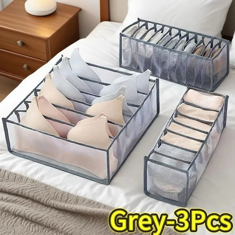 3-Pack Home Storage Boxes Foldable Plaid Underwear Combination Bags - Nylon Drawer Dividers for Socks Panties and Underwear