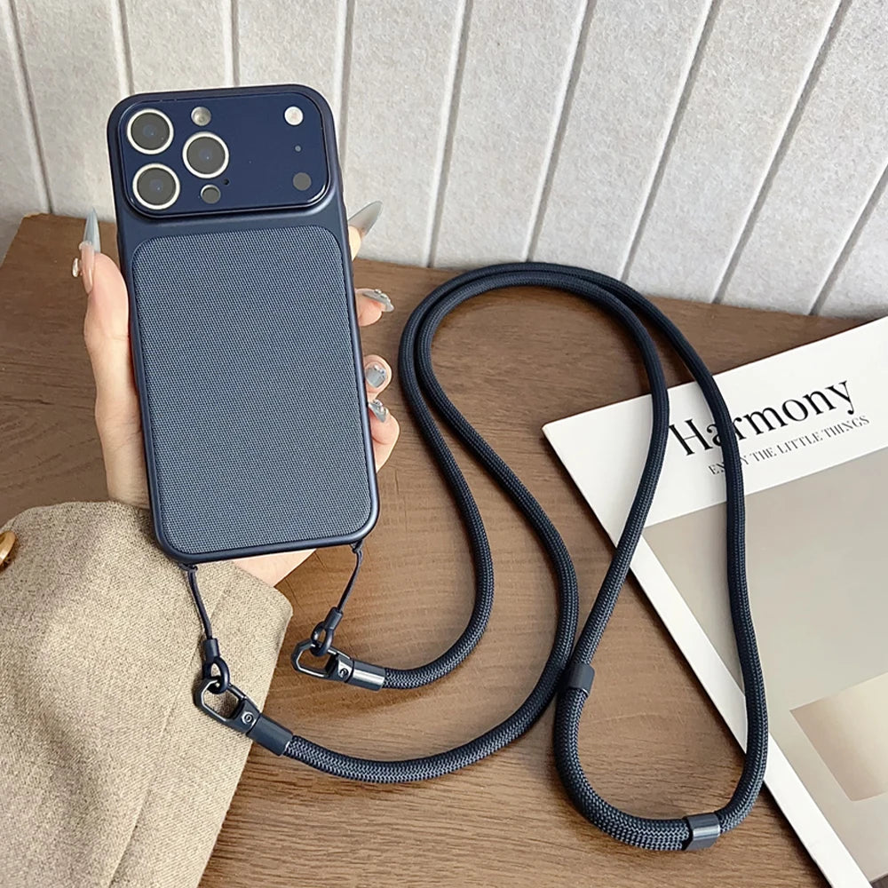 Crossbody Lanyard Knitted Pattern Phone Case For iPhone 17 17Pro 16 15 14 13 12 11 Pro Max Metallic Color Frame Original Cover