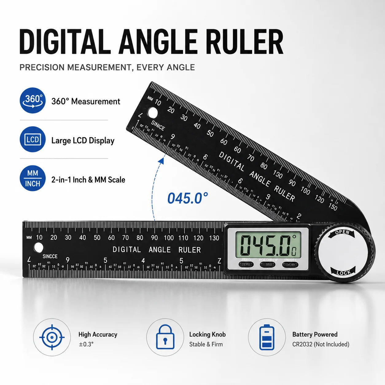 2 in 1 Digital Angle Detector, 360° High Accuracy Angle Finder Ruler, Woodworking Measurement Tool, Multifunction Level Gauge