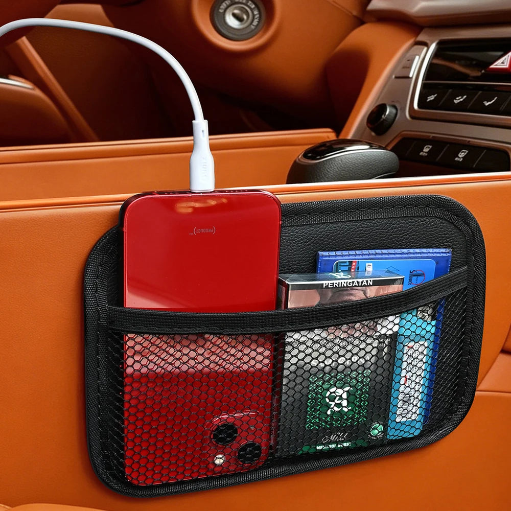 Car Leather Mesh Bag Oxford Fabric Storage Net Bags Car Interior Organizer Phones Coins Keys Storage Auto Stowing Tidying Tools