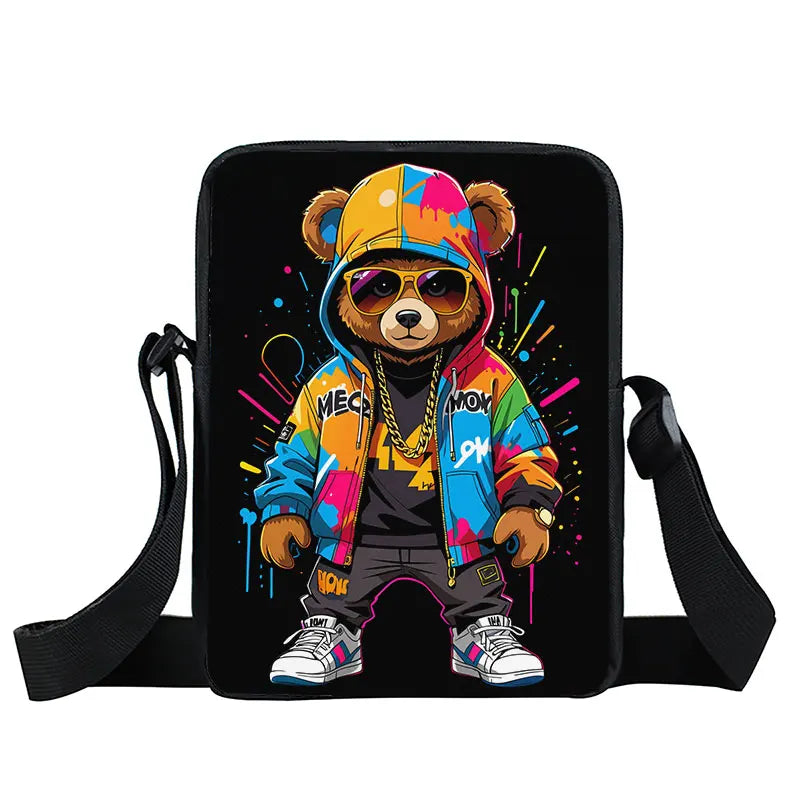 Cute Graffiti Bear Print Crossbody Bags Teenager Boy Girls Women Shoulder Bag Phone Keys Portable Card Storage Bags Gift
