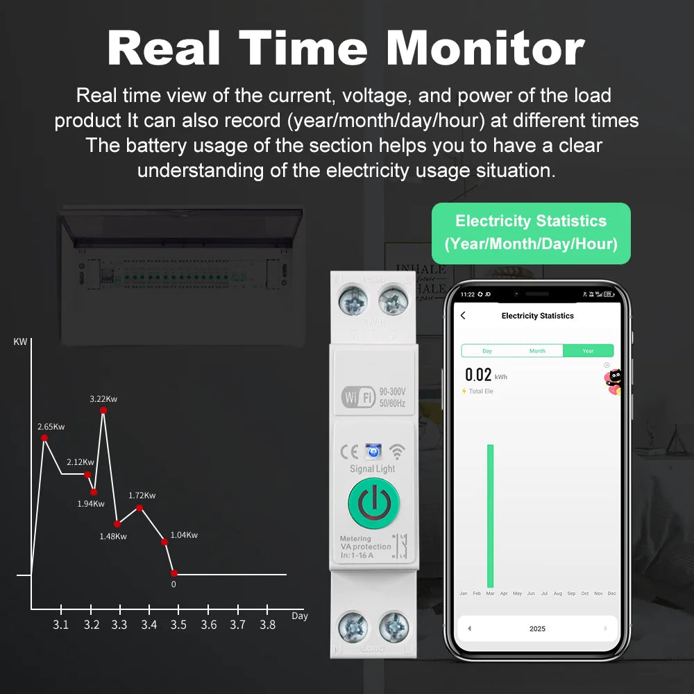 Manhot WiFi Smart Circuit Breaker MCB 1P+N 16A Switch Energy Meter Kwh Metering Monitoring Circuit Breaker Alexa Work With Tuya