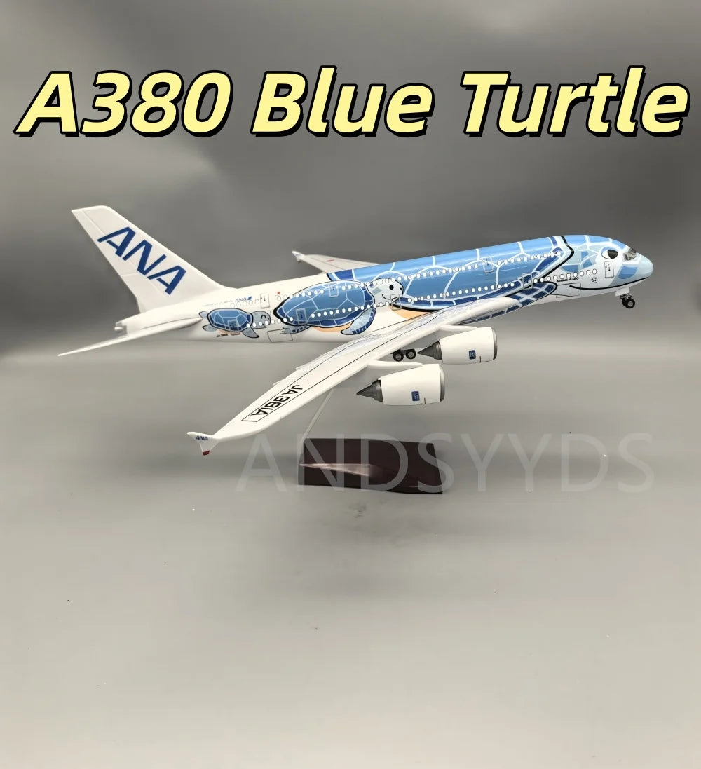 47cm A380 Sea Turtle Airlines Series Aircraft 1/160 Scale Resin 380 UAE painted Airplane Model Plane With LED & Wheel Ornament