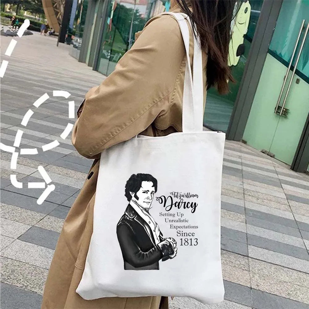 More Pride Less Prejudice Jane Austen Pride Prejudice Elizabeth Darcy Book Bennet Cartoon Shopper Canvas Tote Bag Cotton Handbag