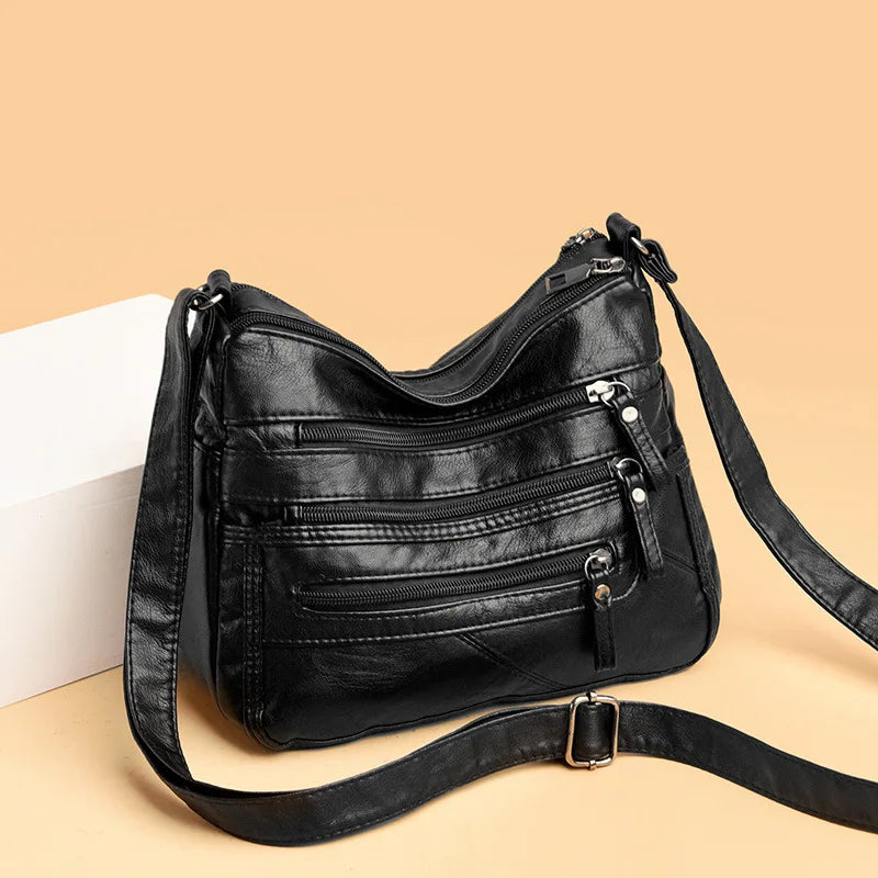 Washed Soft Leather Crossbody Bag for Women Double Layer Large Capacity Shoulder Box Bag Elegant Everyday Purse