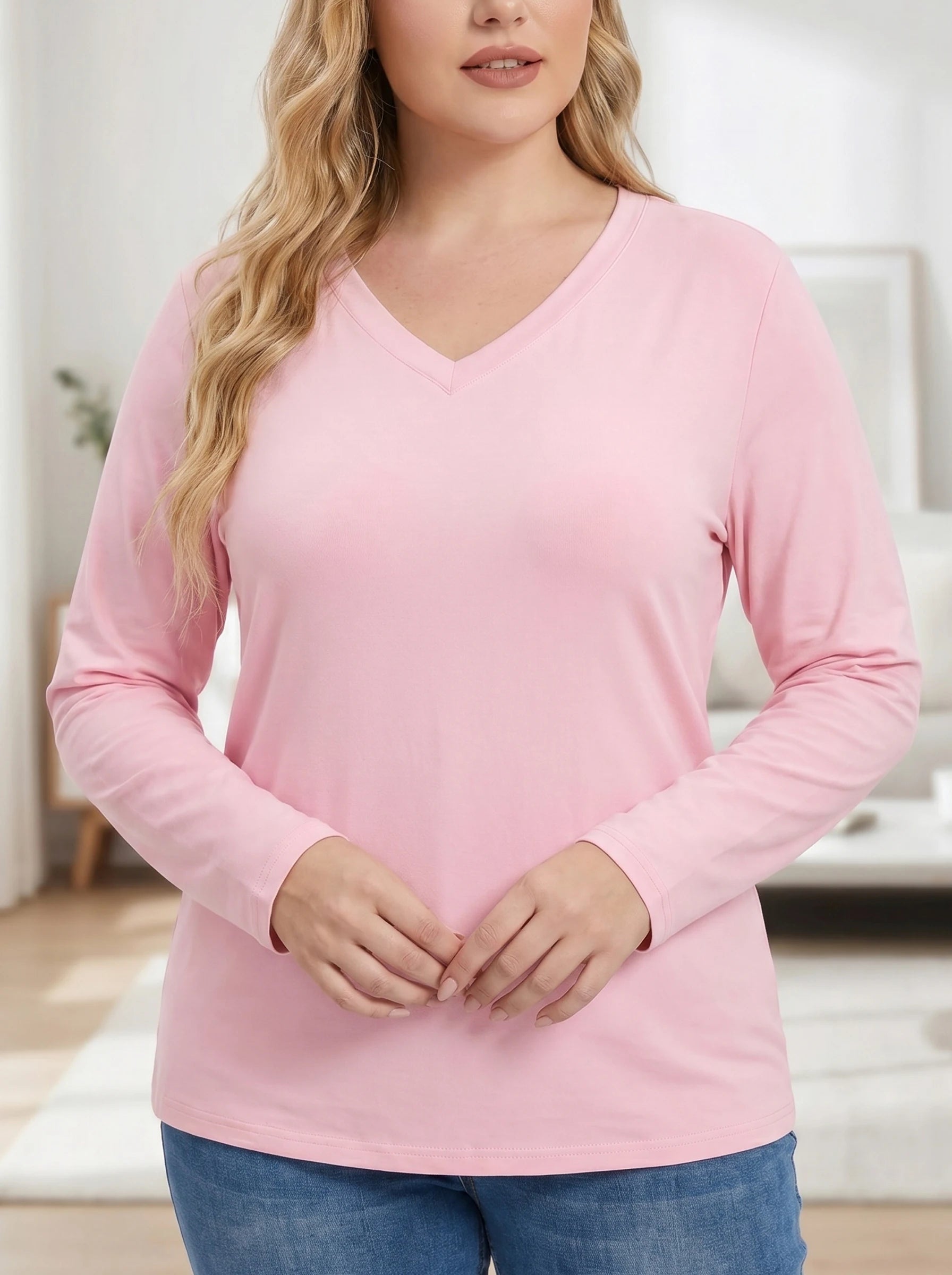 Gadinus Plus Size Women's V Neck Long Sleeve T Shirt Casual Loose Fit Basic Top