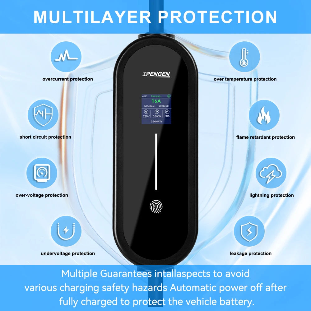 IPENGEN 3.5KW Portable EV Charger 5M Cable Type2 IEC62196/ GB/T Connector 16A 1Phase Type1 Wallbox Charging for Electric Vehicle