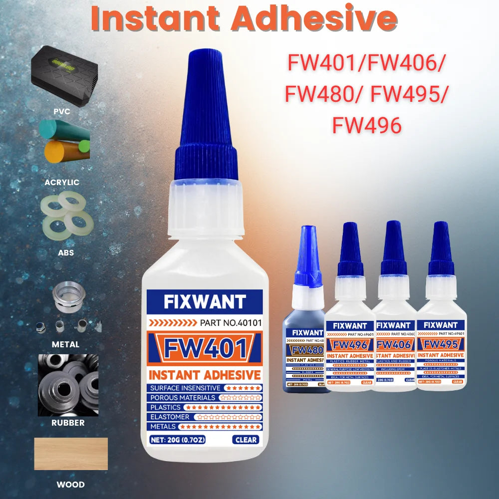 20g Super Glue Quick-Drying Cyanoacrylate Adhesive FW401/406/495/480/496 Strong Bond for Leather Rubber Wood Metal Liquid Glue