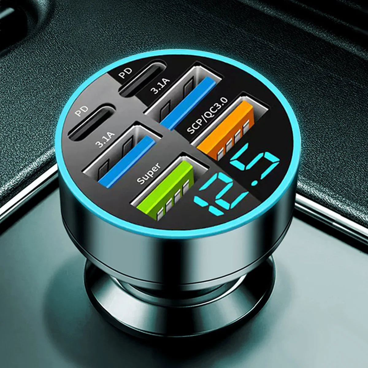 Car-mounted super fast charging charger, car-mounted adapter, USB charging with multiple interfaces, 6-in-1 universal car charge