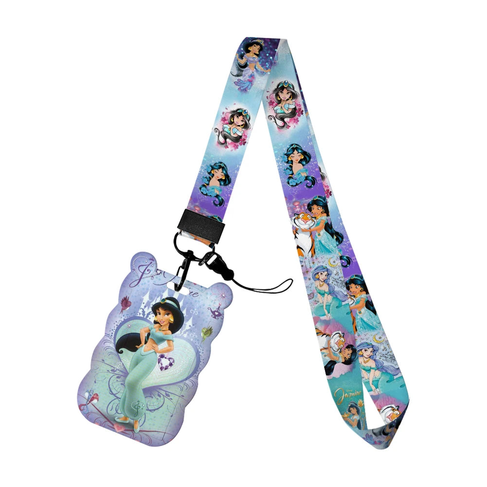 Disney Jasmine Princess Irregular Head Shape Badge Holder Lanyard Keys Chain ID Credit Card Cover Bus Card Holder Glitter Charms